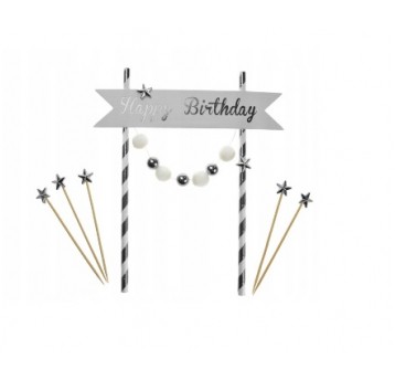 Dekoracja tortu HAPPY BIRTHDAY-pomponiki srebrne