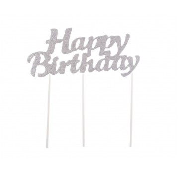 Dekoracja tortu HAPPY BIRTHDAY srebrna