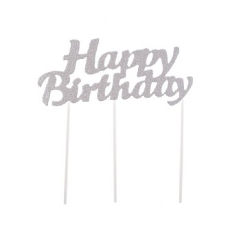 Dekoracja tortu HAPPY BIRTHDAY srebrna