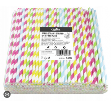 Słomka papierowa 6x197mm PASKI MIX CLARINA 250szt