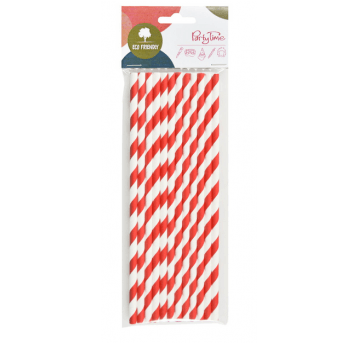Słomka papierowa x200mm PASKI CZERWONE 12szt