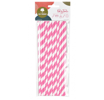 Słomka papierowa x200mm PASKI RÓŻOWE 12szt