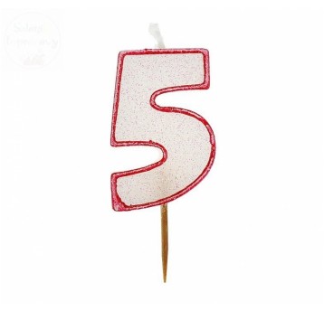 Świeczka z brokatem czerwony kontur '5'