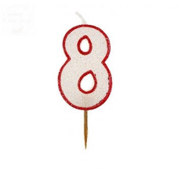 Świeczka z brokatem czerwony kontur '8'